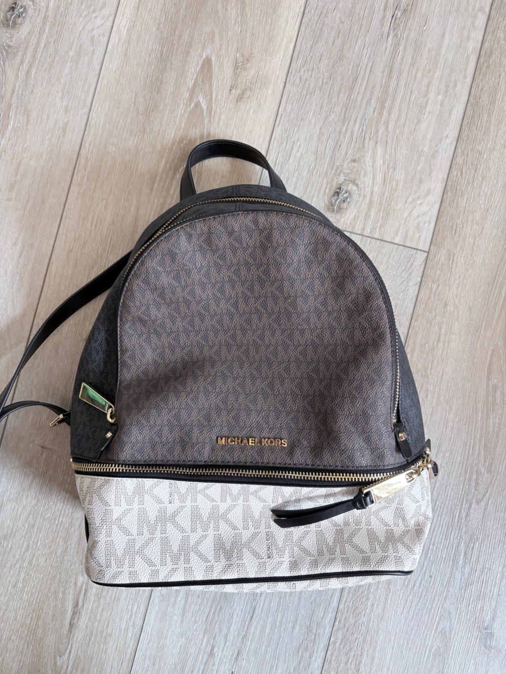 Michael Kors Medium Rhea Backpack in Black, Brown and White